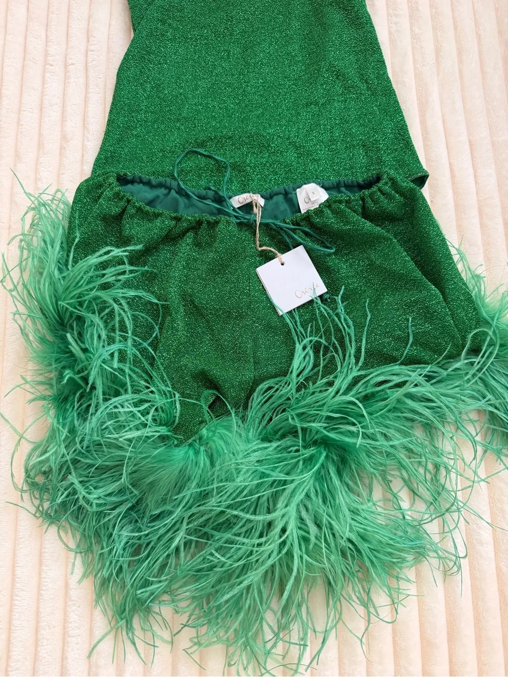 Oseree Green Lumière Feather trimmed Metallic Shorts and matching bikini Set S